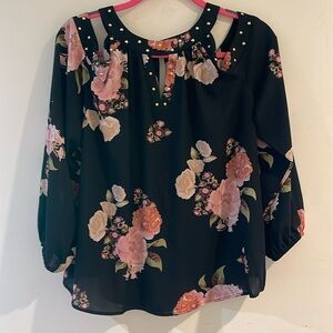 INC Cold Shoulder Gold Studded Floral Top XL EUC